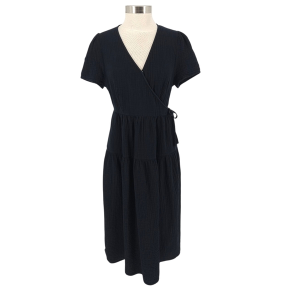 Universal Thread Midi Wrap Dress Black Gauze Short Sleeve V Neck Medium - Picture 1 of 7